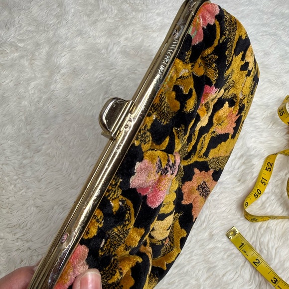 Vintage Floral Carpet Bag Floral Velvet Burnout Clutch Large Black Marigold Pink - Picture 7 of 9